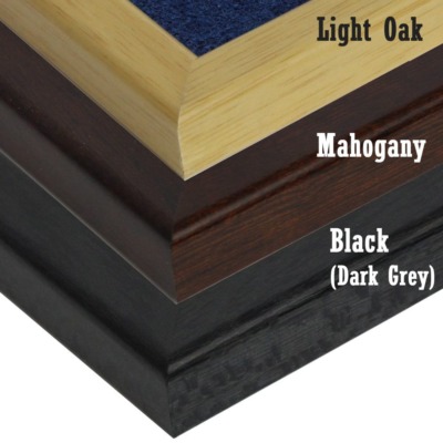 Image showing the 3 available wood colours for the wooden display base, shows black ash, mahogany and the light wood variants