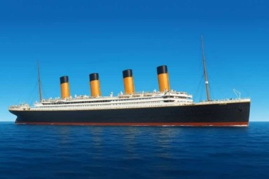 Picture of the ship Titanic, on a blue ocean with a blue sky