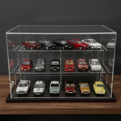 Image of the 1:43 scale model car desktop display case shown on a wooden shelf with a dark grey background