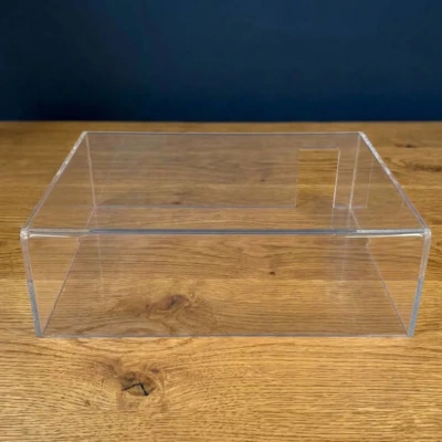 Image of the Custom sized Acrylic Turntable Dustcover, with a rear cutout.