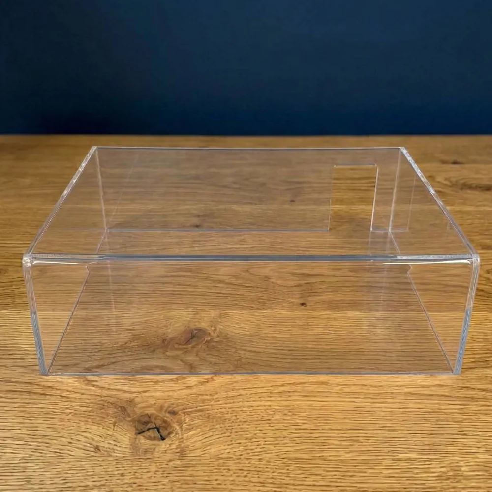 Image of the Custom sized Acrylic Turntable Dustcover, with a rear cutout.